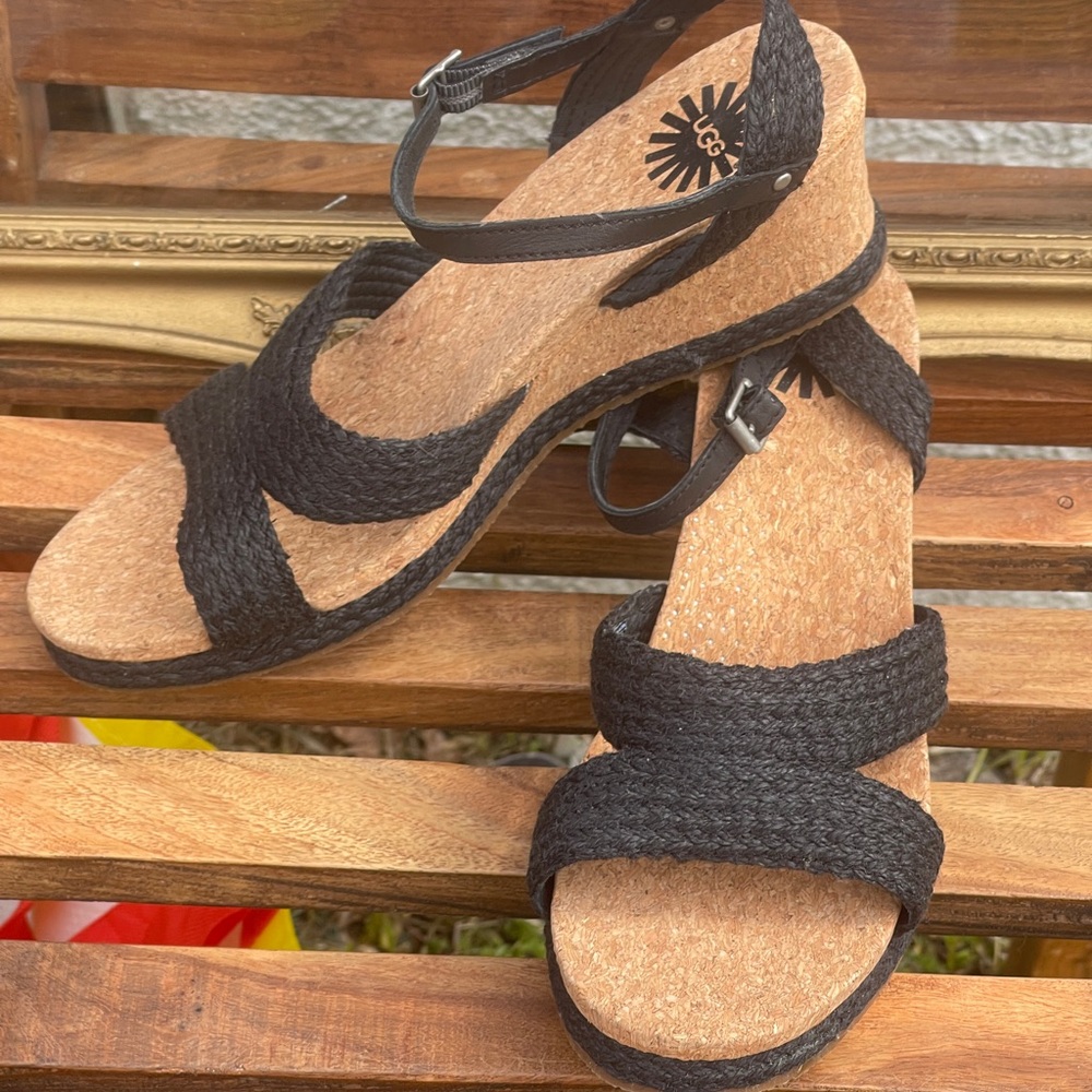 UGG Braided Black Two Strap Slingback Cork Wedge Heeled Sandal Open Toe Sz. 9.5
